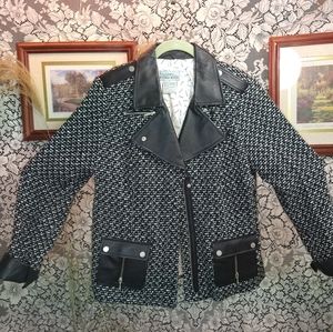 Bradley Bayou black and white wool coat leather trim zipper unique piece NWOT